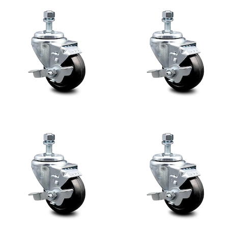 Service Caster 3.5 Inch Hard Rubber Wheel Swivel 3/8 Inch Threaded Stem Caster Set with Brake SCC-TS20S3514-HRS-TLB-381615-4